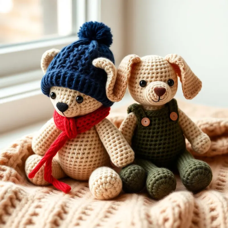 Amigurumis del ebook: osito beige con gorro azul marino y bufanda roja, y perrito beige con jardinerito verde oliva