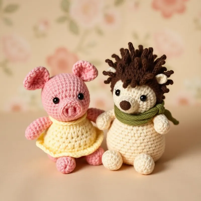 Amigurumis incluidos: cerdita rosa con vestido amarillo y erizo beige con bufanda verde oliva